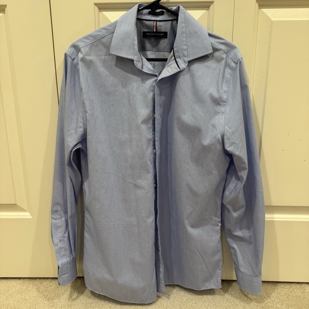 Blue/white stripe Dress Shirt - 15.5”neck, 32-33” sleeve - fits men’s medium